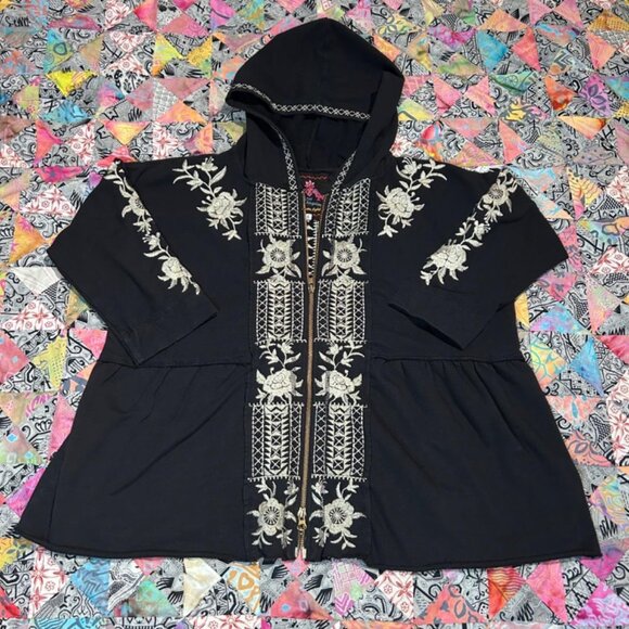 Johnny Was Floral Embroidered Jacket Full Zip Hooded Black Size Small - Picture 1 of 8